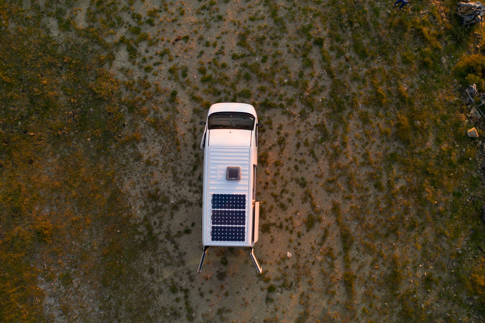 A birds-eye view of a caravan with solar