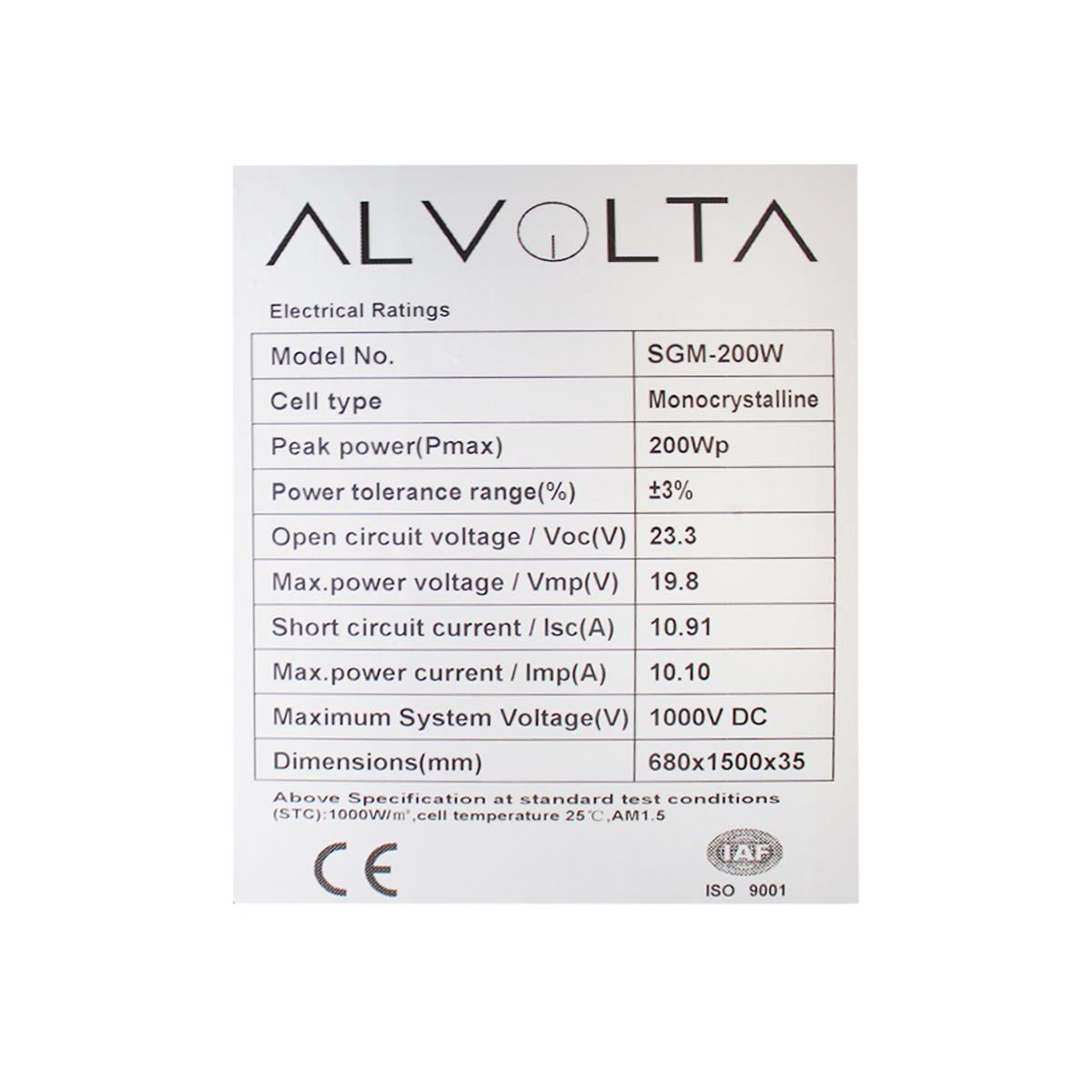 ALVOLTA ECLIPSE 12V 200W MONO SOLAR PANEL