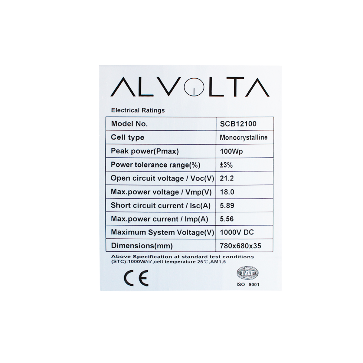 ALVOLTA ECLIPSE 12V 100W MONO SOLAR PANEL