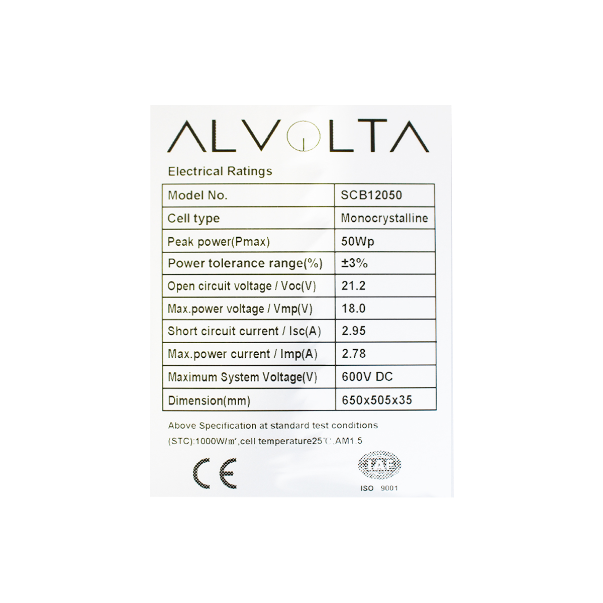 ALVOLTA ECLIPSE 12V 50W MONO SOLAR PANEL 