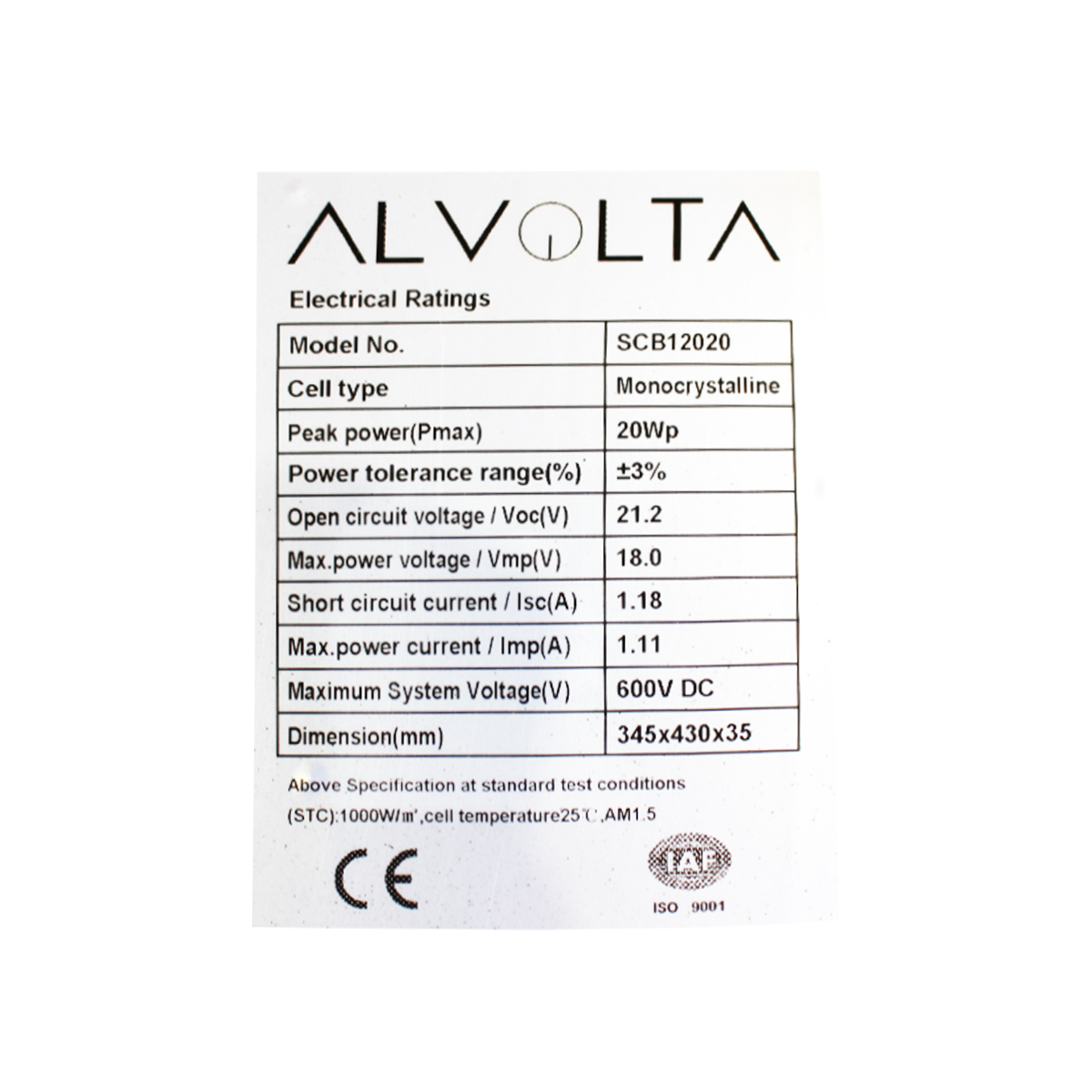 ALVOLTA ECLIPSE 12V 20W MONO SOLAR PANEL