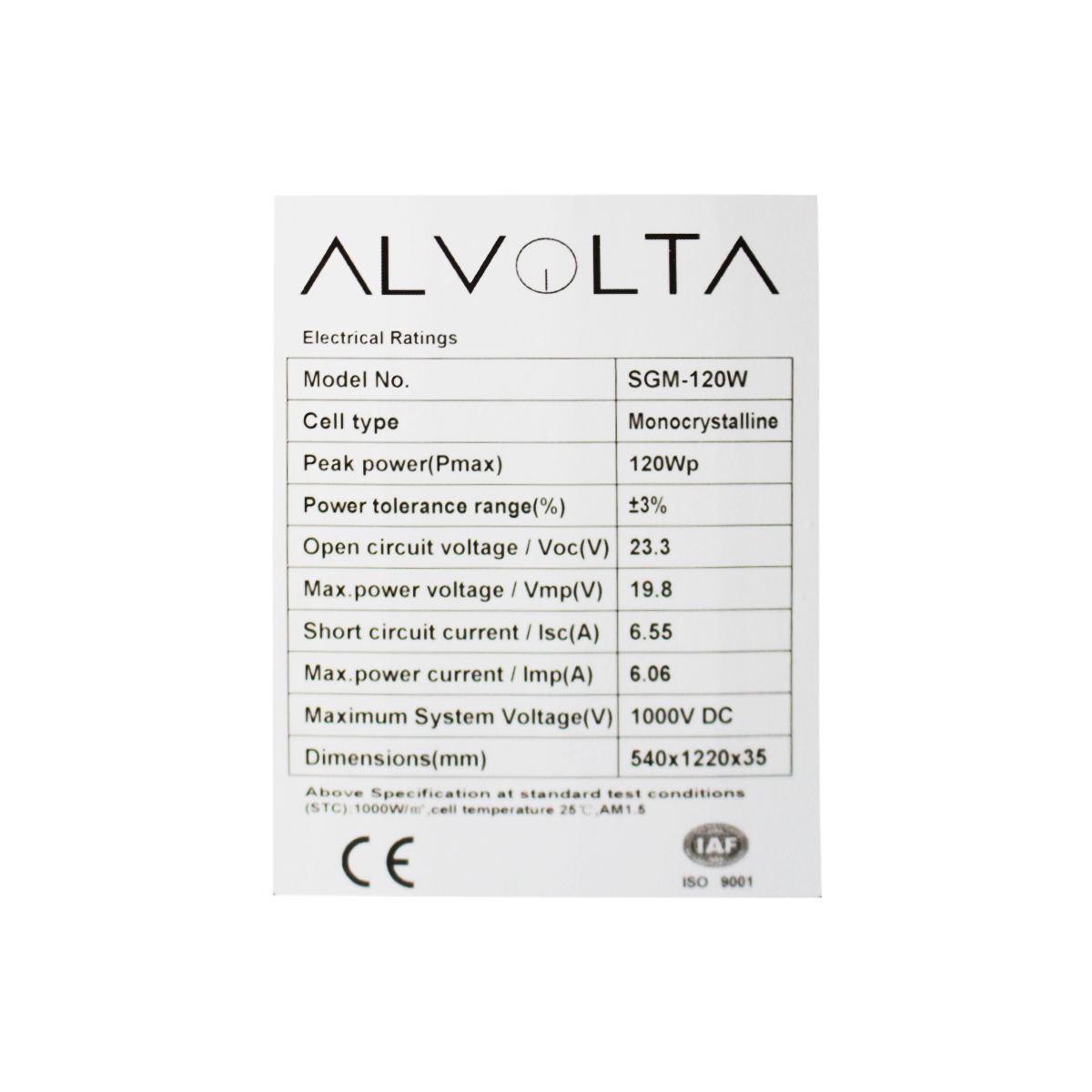 Alvolta Eclipse 12V 120W Mono Solar Panel