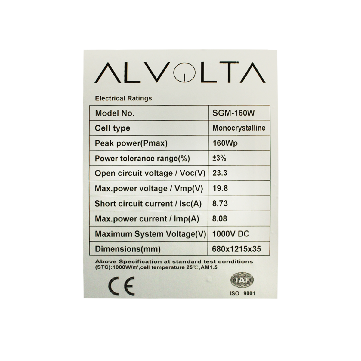 Alvolta Eclipse 12V 160W Squat Solar Panel
