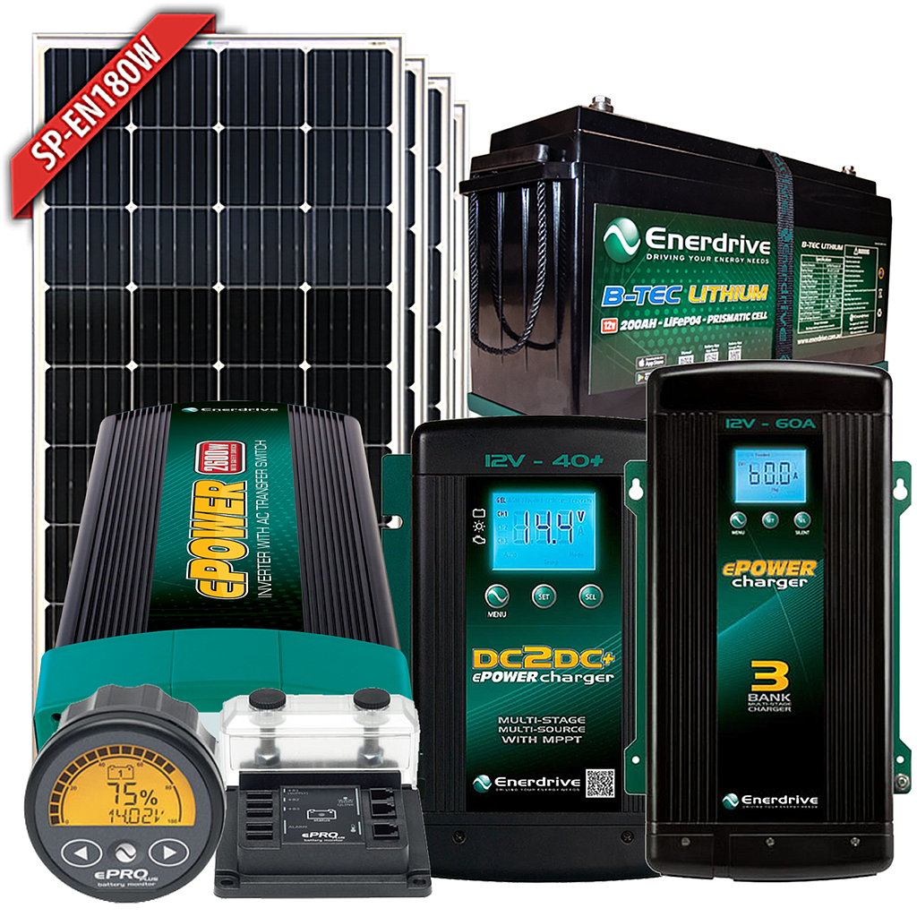 Enerdrive B-TEC 12V 200Ah Battery, 180W Solar, 40DC, 40AC, ePRO+ & 2000W Inverter