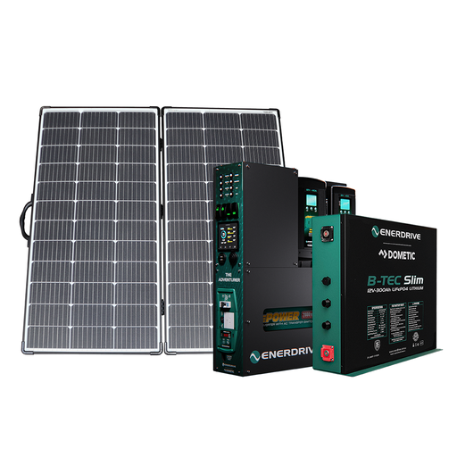 Enerdrive Adventurer System LEFT 40AC, 40DC, 2000X inc. Simarine SCQ50 + 300Ah Slim B-TEC + Alvolta 220W Portable Solar Kit