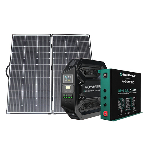 Enerdrive Voyager System (Left) 3000W Inc. 300Ah Slim B-TEC + Alvolta 220W Portable Solar Kit