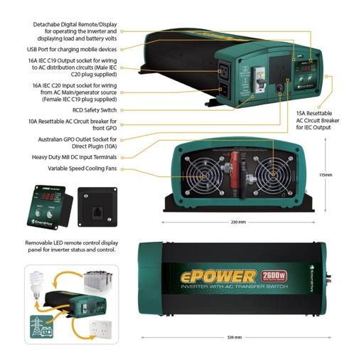 Enerdrive ePOWER 12V 2600W Inverter w/RCD & ATS